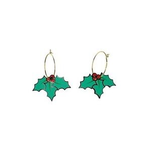 Christmas Holiday Green Acrylic Holly Mistletoe Gold Hoop Earrings
